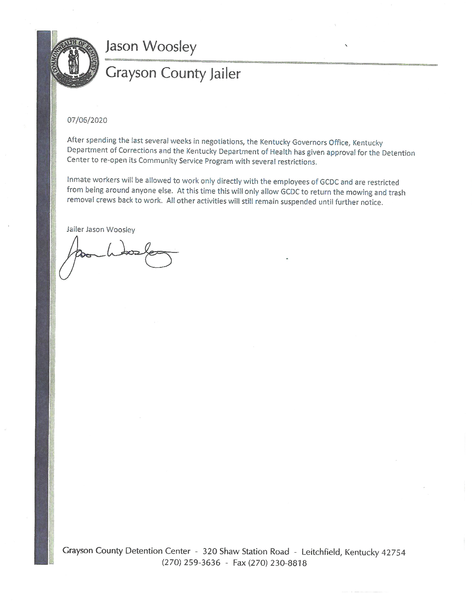 Grayson County Jailer's Announcement Letter