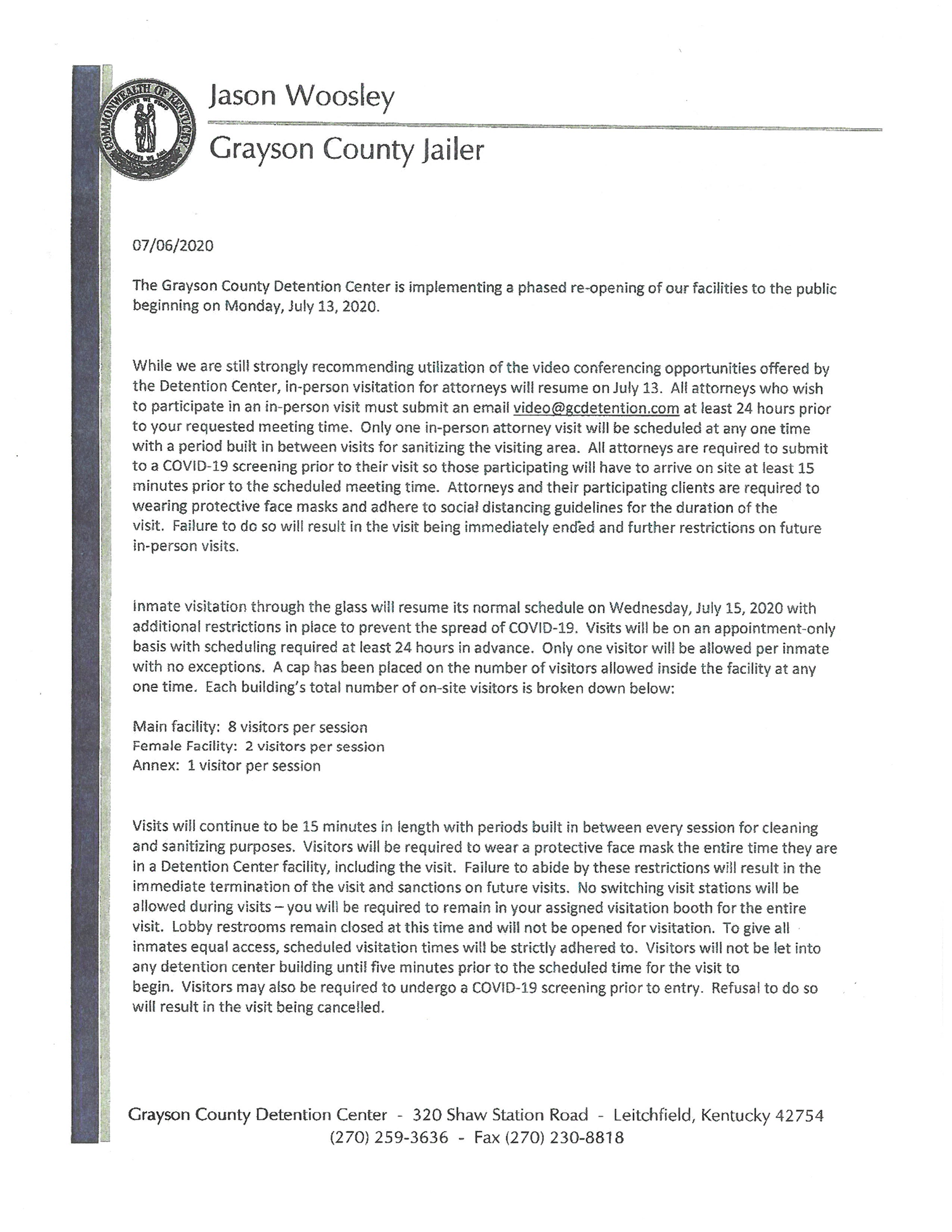 Grayson County Jailer's Memorandum Letter
